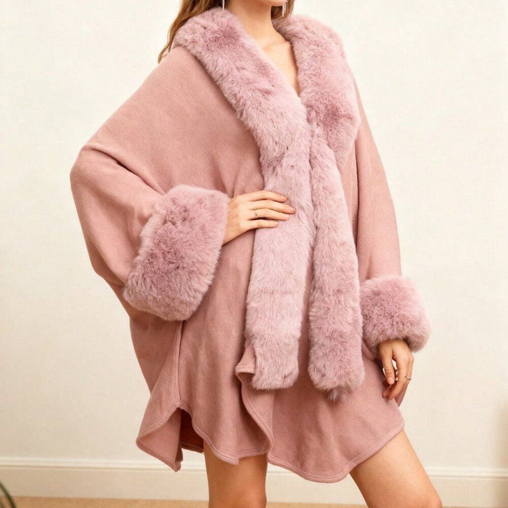 Pink Elegant Women's Warm Soft Faux Fur Shawl Poncho - Picture 3 of 5